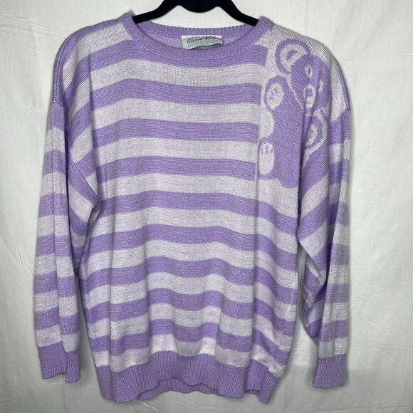 Vintage GLAMOUR KNIT Sweater Teddy Bear Purple Striped Retro 1970s Womens M L - Picture 2 of 6